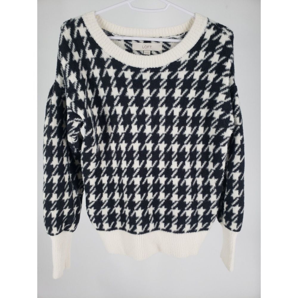 Ann Taylor LOFT Houndstooth Sweater Contrast‎ Puff Sleeve Size XXS